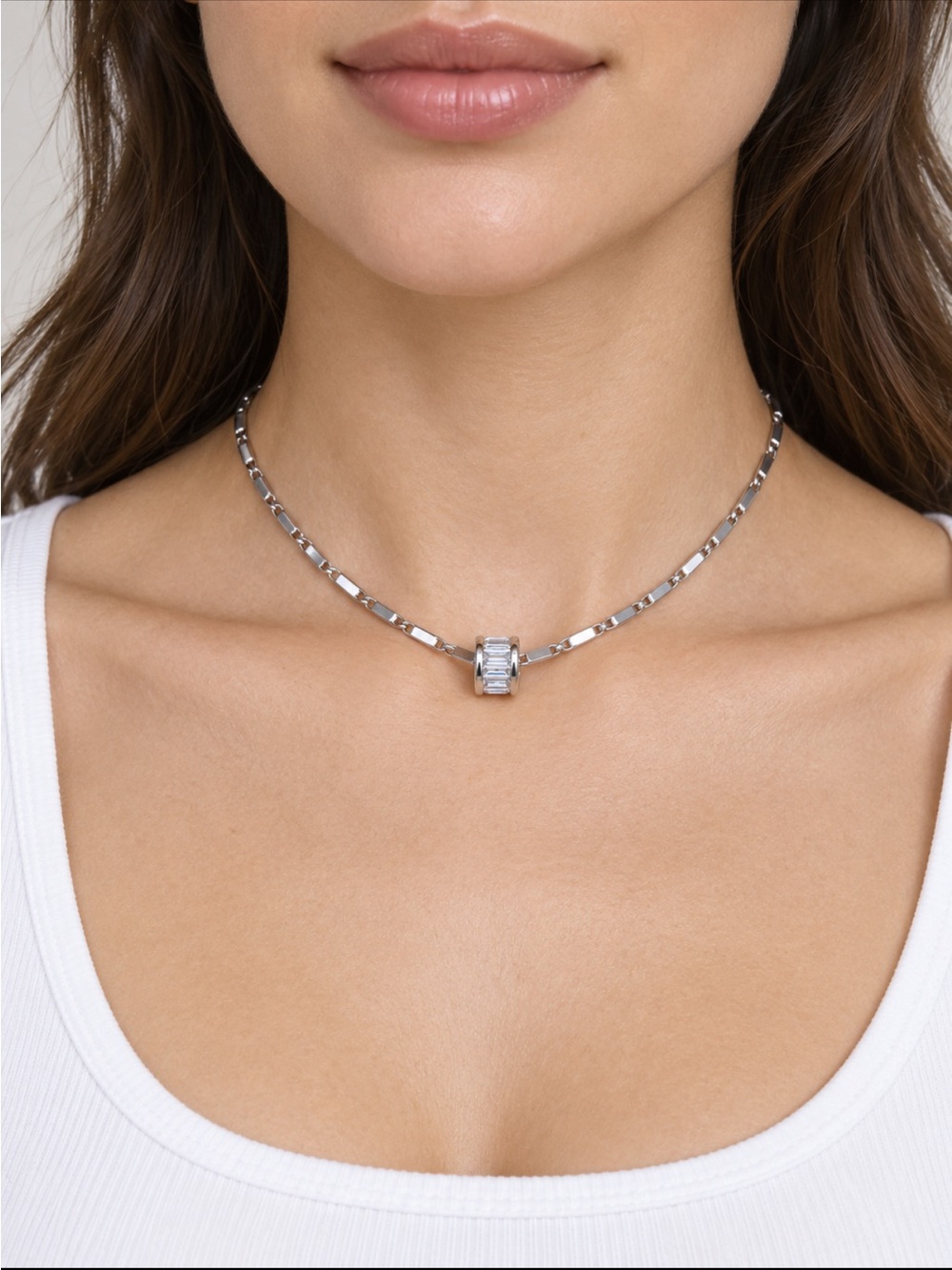 CZ Rondelle Pendant on a Silver Tone Flat Bar Link Chain NEW